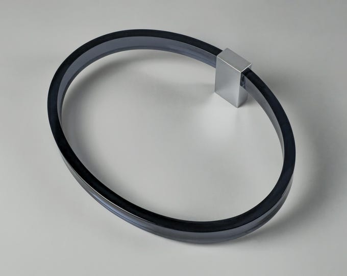 NOS 1970s Vintage GUZZINI Bagno Blue-Grey Tinted Acrylic Oval Towel Ring - Retro Italian Bathroom Accessories.