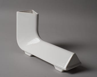 Architectural Trough L-Shape White Ceramic Vase, 1990s Postmodern, Minimalist Decor.