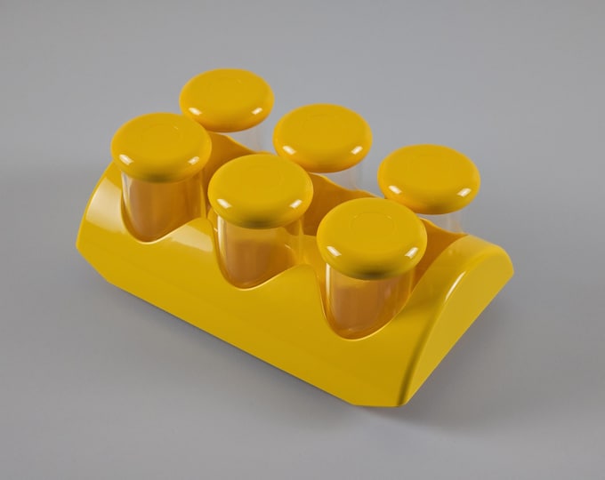 New In Box • Space Age Design • Vintage 1970s GUZZINI Chef Line Yellow Plastic Spice Rack By Bruno Gecchelin.