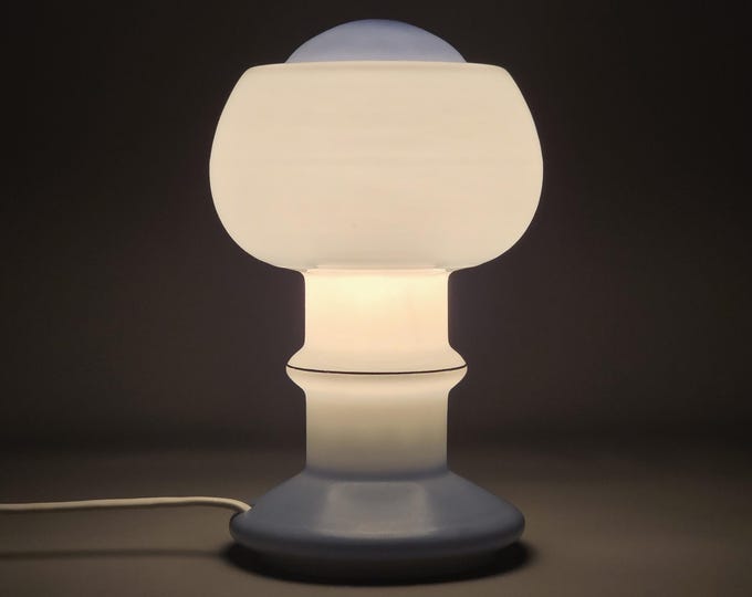 1970s Vintage ROSDALA GLASBRUK Mushroom Glass Table Lamp – Opaline Glass Shade & Blue Detailing – Swedish Space-Age Mood Light.