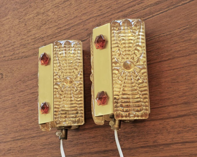 1960s Danish Mid-Century Pair Of VITRIKA Aladdin Wall Lights • Scandinavian Vintage Wall Lamps With Amber Glass.