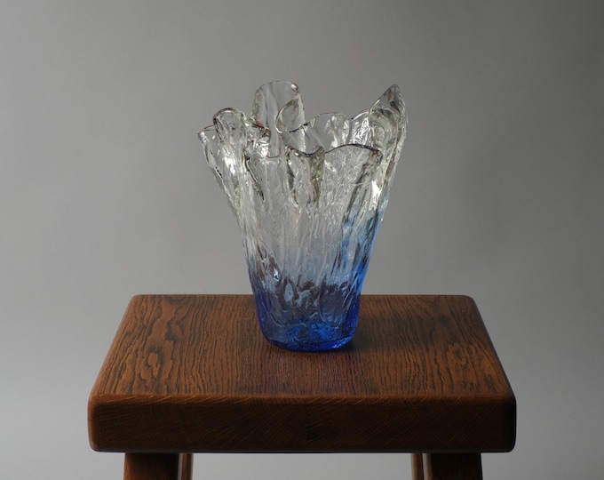 Lasilandia Art Lasi Bark Texture Ice Glass Brutalist Vase, Blue Gradient, Finland, 1970s.