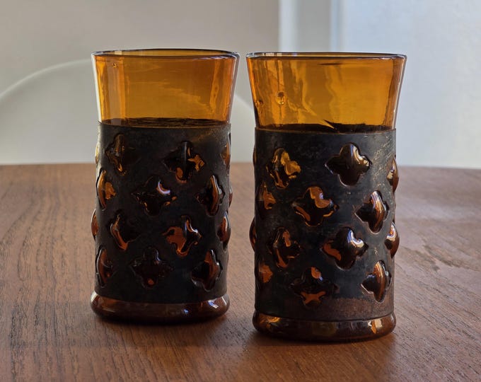 Pair of Felipe Derflingher “Imprisoned” Amber Glass Tumblers | 1960s Mexican Brutalist Design.