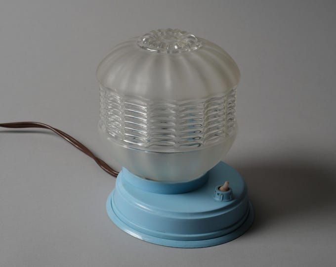 1950s West Germany Atomic Age Table Light, MCM Ribbed Glass Globe, Blue Plastic Base.