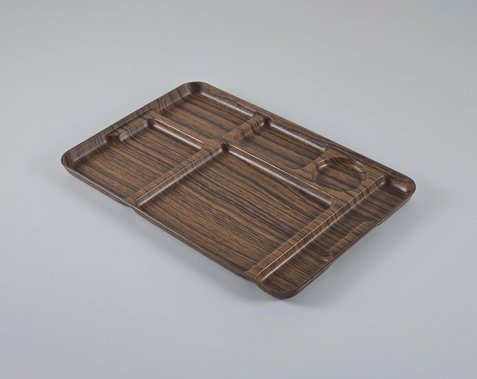 Mid-Century Modern - Vintage CALEPPIO Wood-Imitation Plastic Divided Cafeteria Tray, Diner Tray - Vintage Faux Wood Tray - Italy, 1970s.