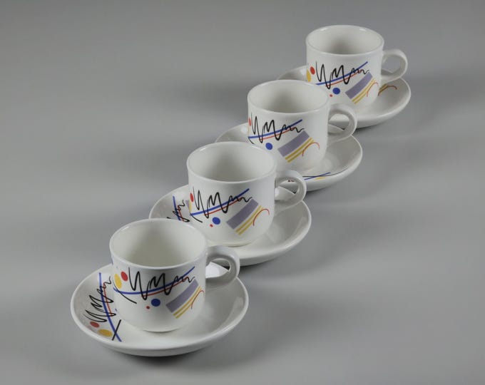 Vintage 1960s Set Of 4 DITMAR URBACH Modernist Ceramic Cups With Saucers • Space Age Ceramics From Czechoslovakia.