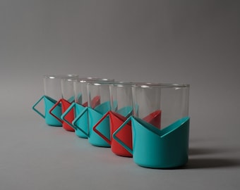 Randwyck Postmodern Glass Mugs, Set of Six, Aqua-Blue & Red, Dutch Design, Holland, 1980s.