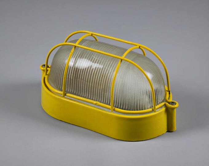 Vintage 1980s Yellow Metal & Glass Industrial Bulkhead Wall Light Fixture.