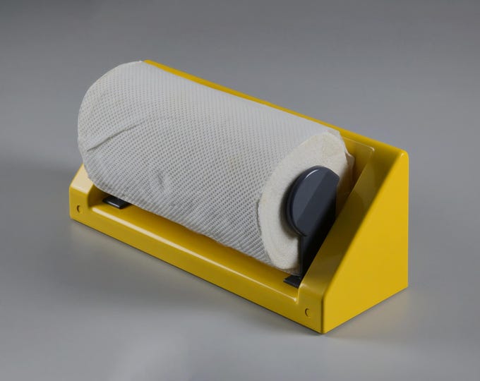 New Old Stock 1980s Vintage GUZZINI Chef Line Yellow Plastic Kitchen Paper Towel Roll Dispenser, Wall System By Bruno Gecchelin.