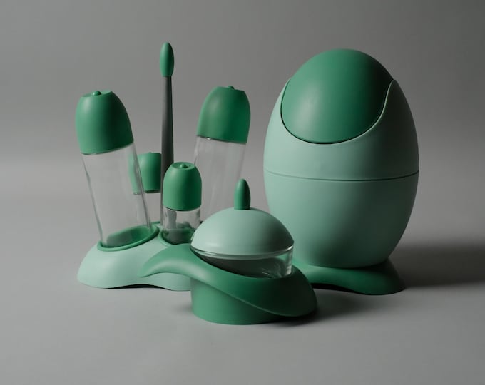 Vintage collection of cruet set, bin and bowl by Pino Spagnolo for Biesse Italy.