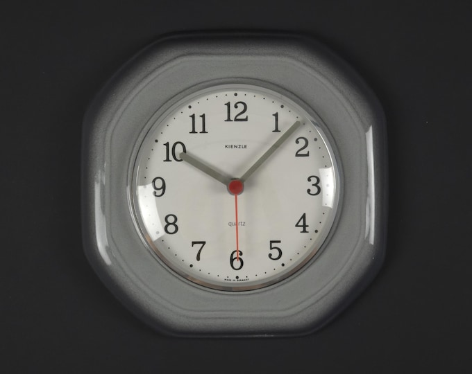 Vintage 1980s KIENZLE Octagonal Grey Glazed Ceramic Wall Clock.