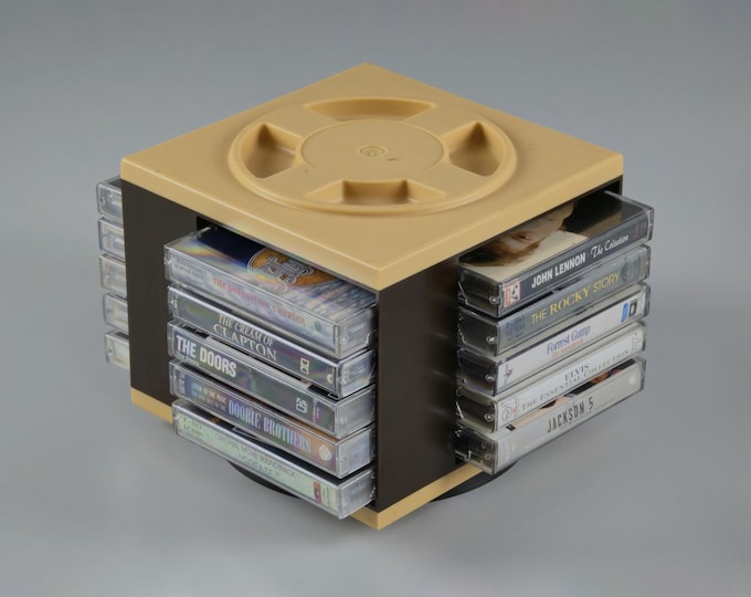 1980s Vintage Rotating Cassette Tape Holder • Beige & Brown Plastic Carousel Tapes Rack.