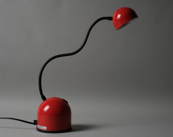Stilplast Flexible Halogen Desk Lamp, Red ABS, Black Gooseneck, Italy, 1980s Space Age.