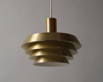 Vintage 1960s Danish Mid-Century Modern Pendant Lamp, Multi-Shade Tiered Brass Light.