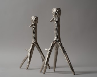 Pair of Brutalist Cast Aluminium Tree Branch Candlestick Holders, Faux Bois.