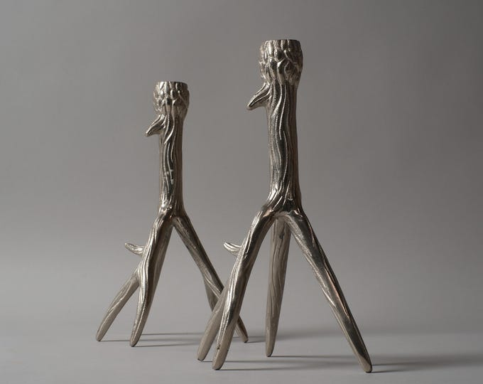 Pair of Brutalist Cast Aluminium Tree Branch Candlestick Holders, Faux Bois.