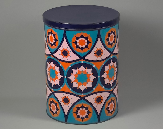 Vintage 1960s Tomado Holland Large Tin Canister, Mid-Century Modern Space-Age Dutch Decor.