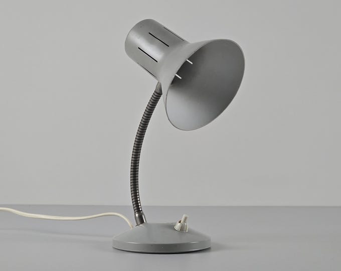 Vintage 1960s Mid-Century Modern Grey Metal Gooseneck Desk Lamp • Retro Industrial Table Light.