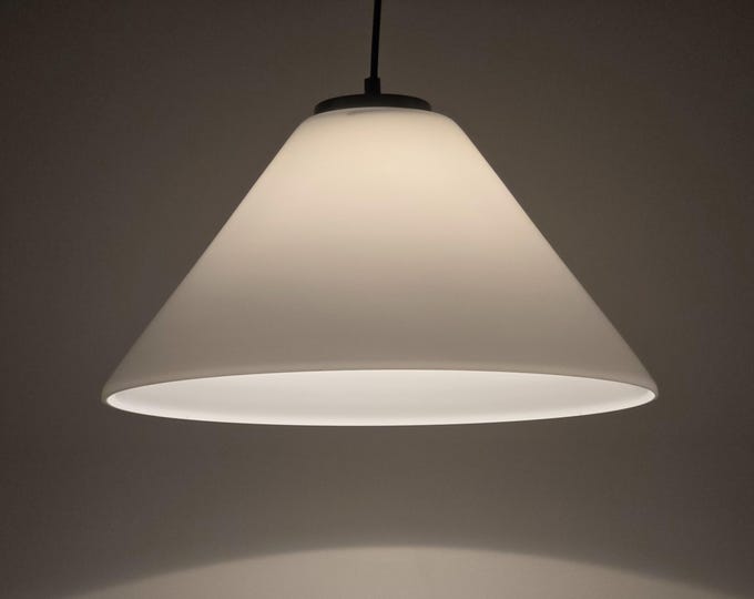 1970s Scandinavian White Opaline Glass Pendant Lamp • Swedish Hanging Lamp With Conical Shade.