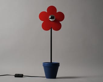 Vintage 1990s Flower in a Pot Novelty Table Lamp, Navy and Red, Whimsical Design.