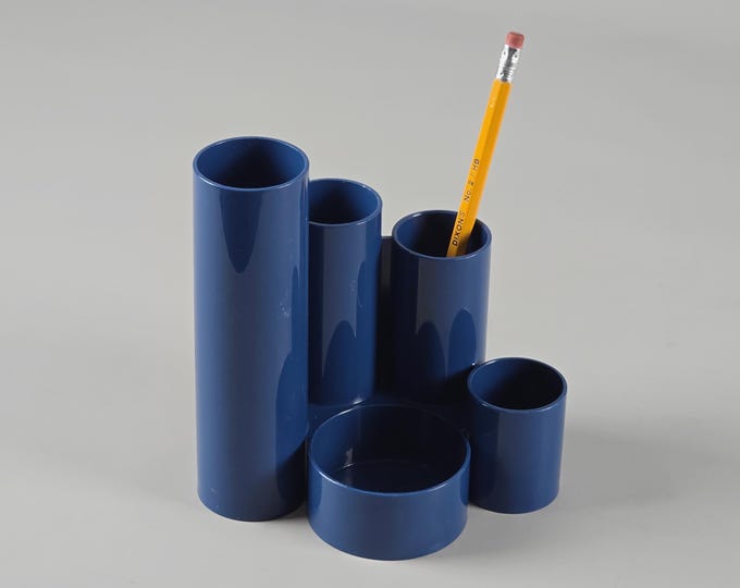 1970s Vintage FISCHER Blue Plastic Desk Organizer / Pen Holder - Vintage Plastic Office Accessories - Germany.