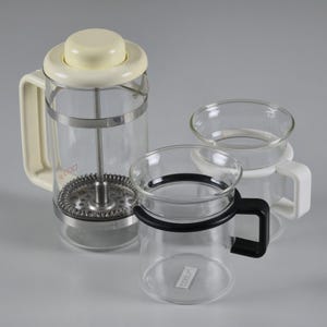 1980s Vintage BODUM French Press Coffee Maker With Pair Of Glass Mugs - Classic Bodum Coffee Set, Denmark.