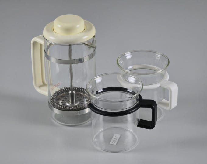 1980s Vintage BODUM French Press Coffee Maker With Pair Of Glass Mugs - Classic Bodum Coffee Set, Denmark.