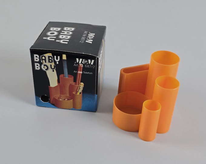 1970s Space Age M&M “Baby Boy” Orange Plastic Desk Caddy – Mini Organizer, West Germany