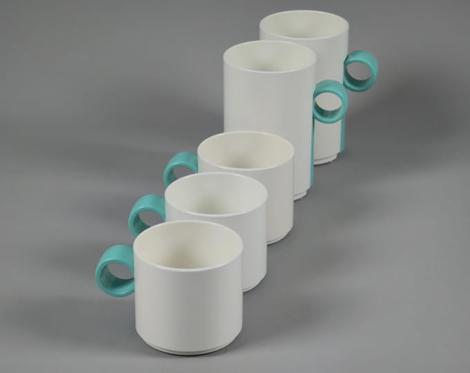 Vintage 1990s Set Of 5 Mepal Postmodern Plastic Stackable Mugs.