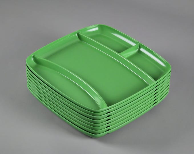 Vintage Set Of 8 Modernist Compartment Plates • Retro Green Melamine Divided Plates.
