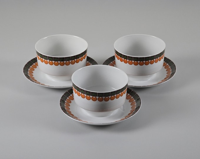 Space Age Design - Vintage Set Of 3 WINTERLING Ceramic Soup Bowls With Attached Saucers - Vintage Serveware & Tableware - W. Germany, 1970s.