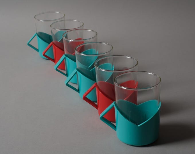 Randwyck Postmodern Glass Mugs, Set of Six, Aqua-Blue & Red, Dutch Design, Holland, 1980s.