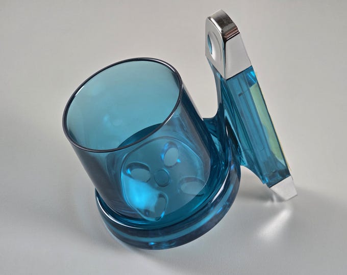 New In Box 1970s Vintage GROSFILLEX Translucent Blue Plastic Toothbrush & Toothpaste Holder With Tumbler — French Bathroom Accessories.