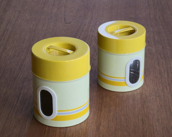 Vintage 1970s Set Of 2 Yellow Striped Tin Container Jars, Storage Canisters With Visibility Slot • Dutch Space Age Design Jars.
