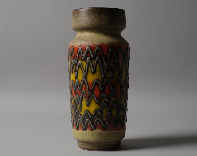VEB Haldensleben Fat Lava Vase, Zigzag Relief, East Germany GDR, 1960s MCM Ceramics.