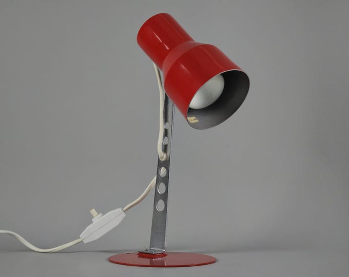 Vintage 1970s 'ATA Sweden' industrial desk lamp, red metal task light.