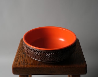 EMSA West Germany Plastic Serving Bowl, Orange and Brown, Folk Relief Pattern, 1970s.