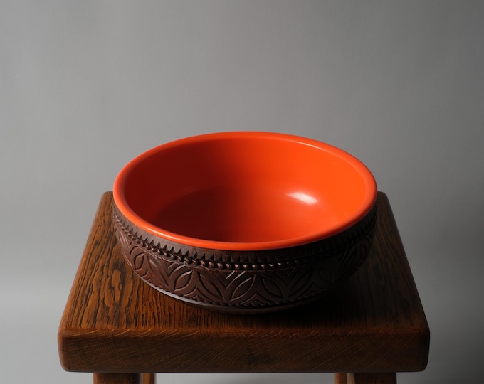 EMSA West Germany Plastic Serving Bowl, Orange and Brown, Folk Relief Pattern, 1970s.
