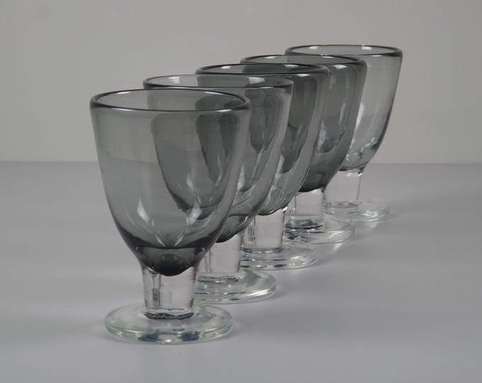 1960s Vintage Set Of 5 Smoke Gray Glass Goblets • Handmade Scandinavian Mid-Century Modern Glasses.
