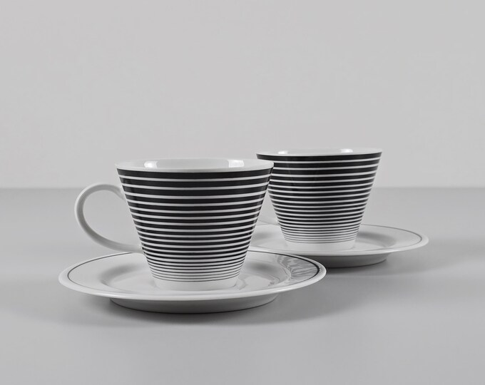 Postmodern Design - Vintage Set Of 2  J. KRONESTER Striped Ceramic Teacups With Saucers - Memphis Milano - W. Germany, 1980s.