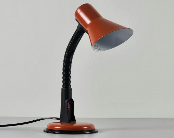 Vintage Orange Gooseneck Desk Lamp: Postmodern Italian Table Lamp