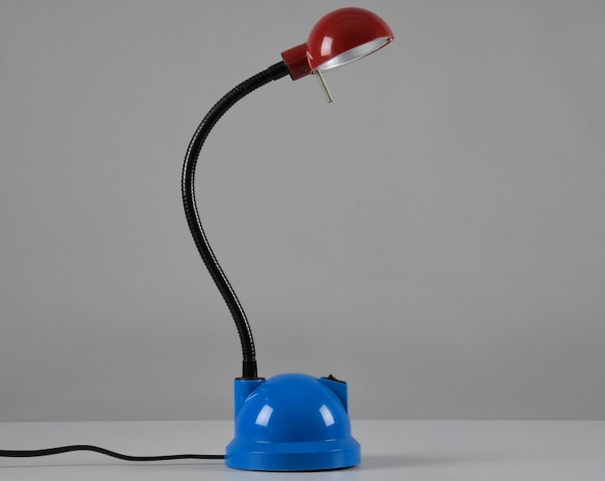 1980s Vintage Flexible Gooseneck Red & Blue Desk Lamp — Postmodern Industrial Lamp.