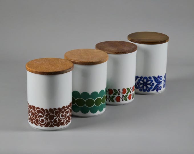 Rare Set Of 4 Vintage 1970s SCHWARZENHAMMER Ceramic Jars With Wood Lids • West Germany Ceramic Storage Canisters.
