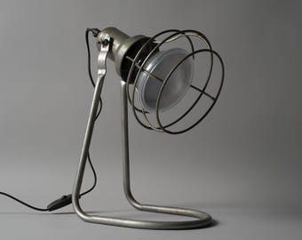 Vintage Industrial Wire Cage Desk Lamp, Grey Metal Loop Base, Workshop Table Light.