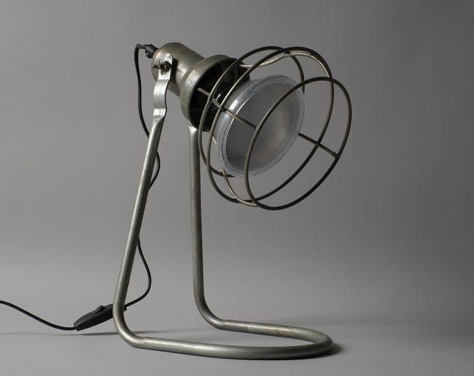 Vintage Industrial Wire Cage Desk Lamp, Grey Metal Loop Base, Workshop Table Light.