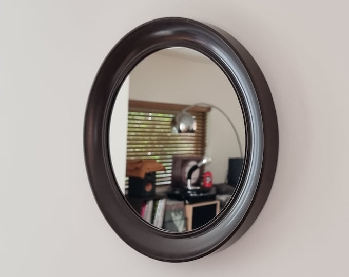 1960s Vintage Chocolate-Brown MCM Wall Mirror • Retro Bakelite Round Mirror.
