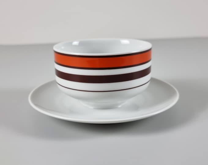 1970s Vintage SCHUMANN ARZBERG Striped Ceramic Soup Bowl With Attached Saucer - Retro Mod Tableware, W. Germany.