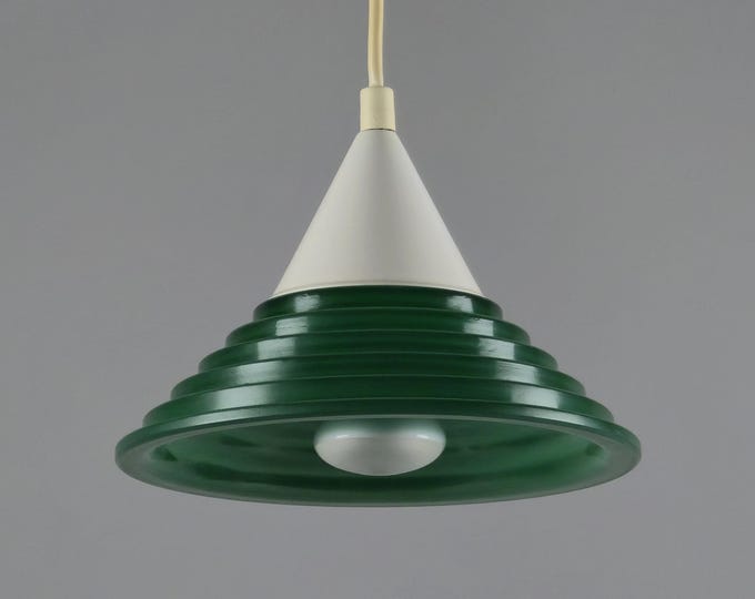 Vintage 1980s Postmodern Green Glass Stacked Pendant Light.