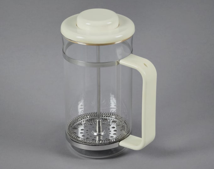 Vintage 1980s BODUM Classic French Press Coffee Maker With White Plastic Handle.