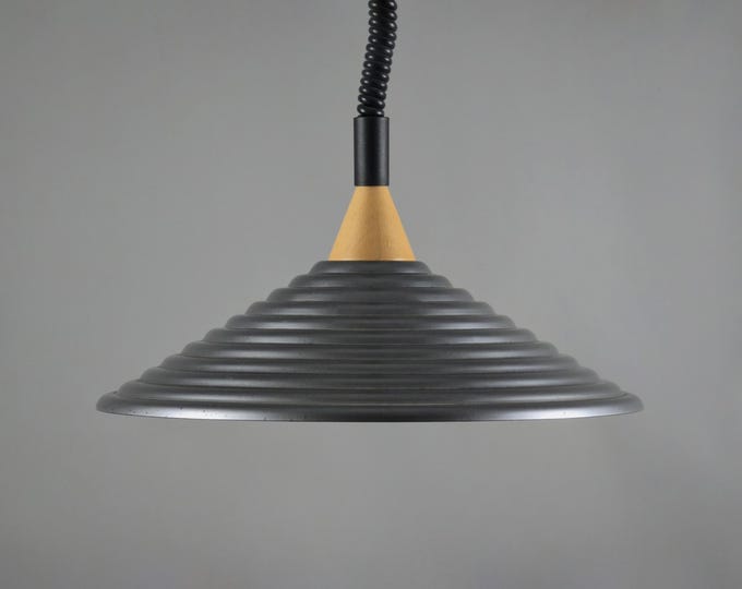 1980s Vintage Industrial Grey Ribbed Pendant Lamp With Wood Accent • Scandinavian Style Ceiling Light.